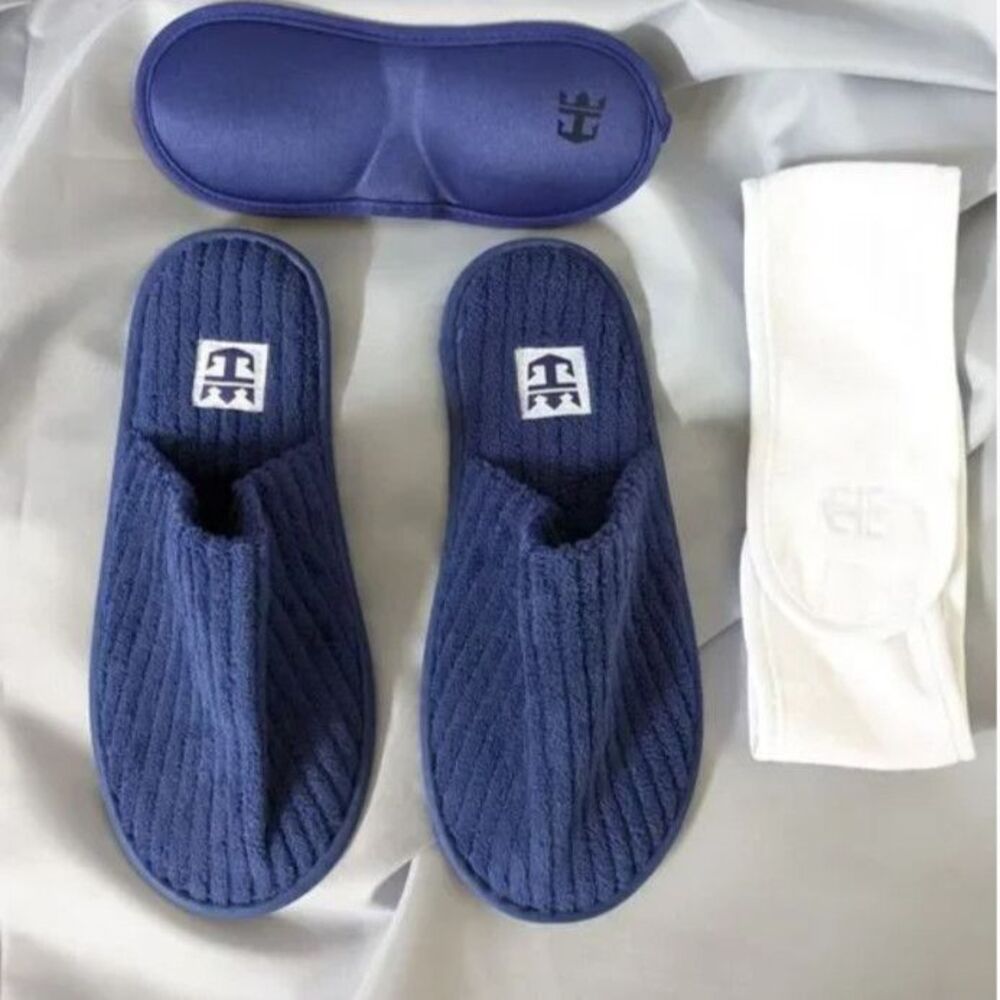 Royal Caribbean Logo NEW Women's M/L Navy Spa Slippers, Sleep Mask & Headband